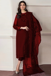 Unstiched Embriodered Chiffon + Organza 3 Piece Suit Maroon Color