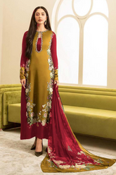 3 Piece Unstitched Silk Mustard + Maroon