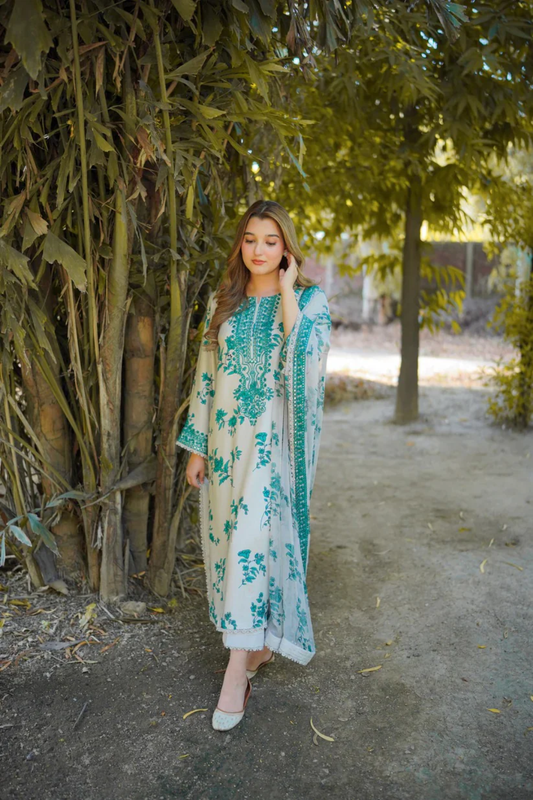 Aneelas White & Green Silk Unstiched 3-Piece Suit