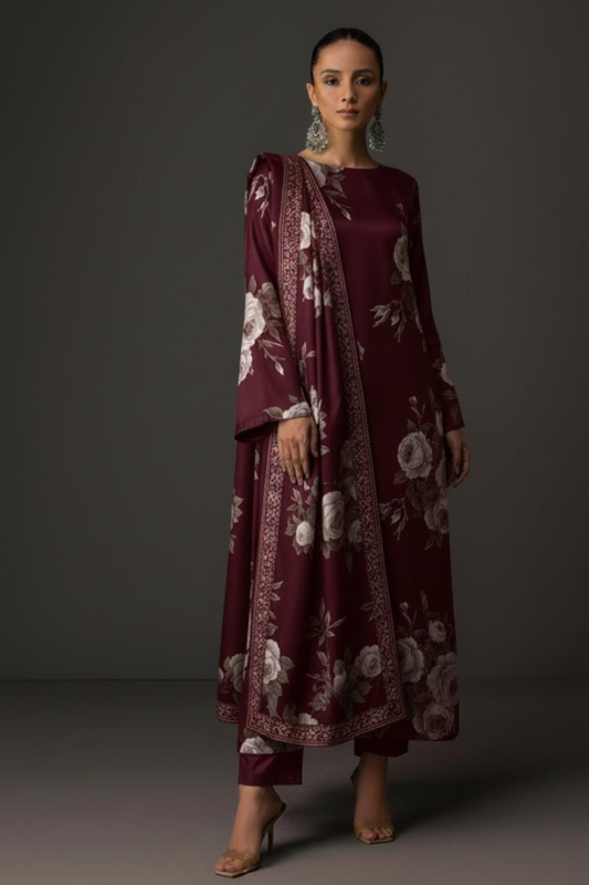 Faha Maroon Digital Printed Shamoz Silk 3 piece Suit