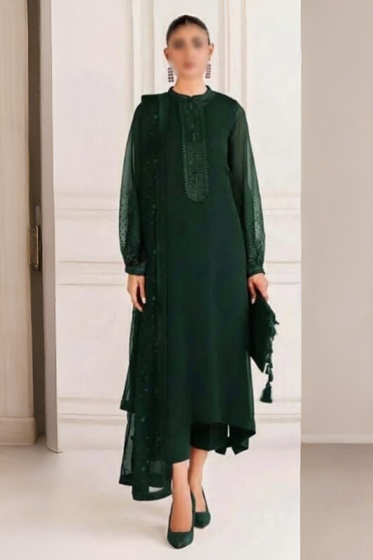 Baroque Dark Green Embroidered Chiffon 3-Piece Suit
