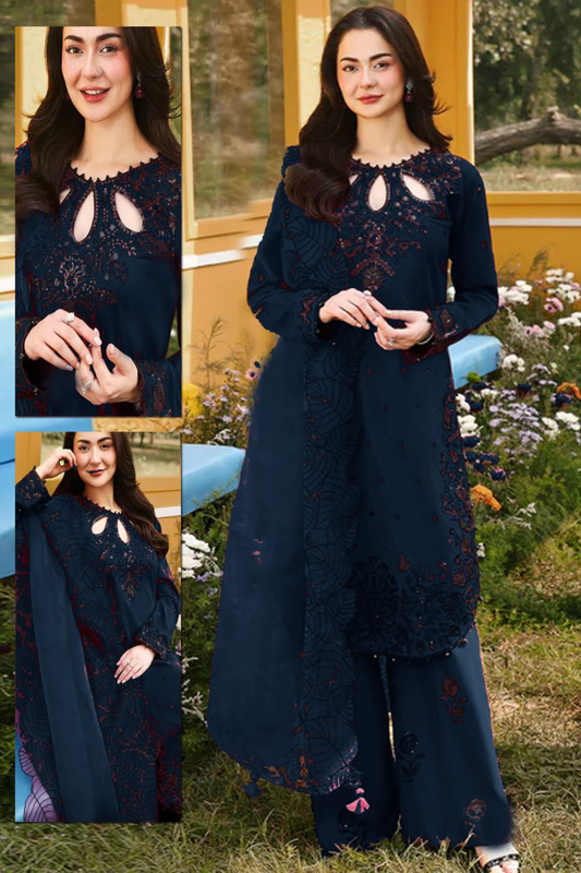 Azure Navy Chiffon Unstitched 3 Piece Suit