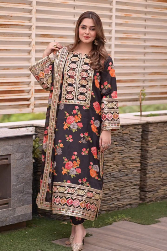 Aneelas Black Unstitched Luxury Lawn 3 Piece Suit