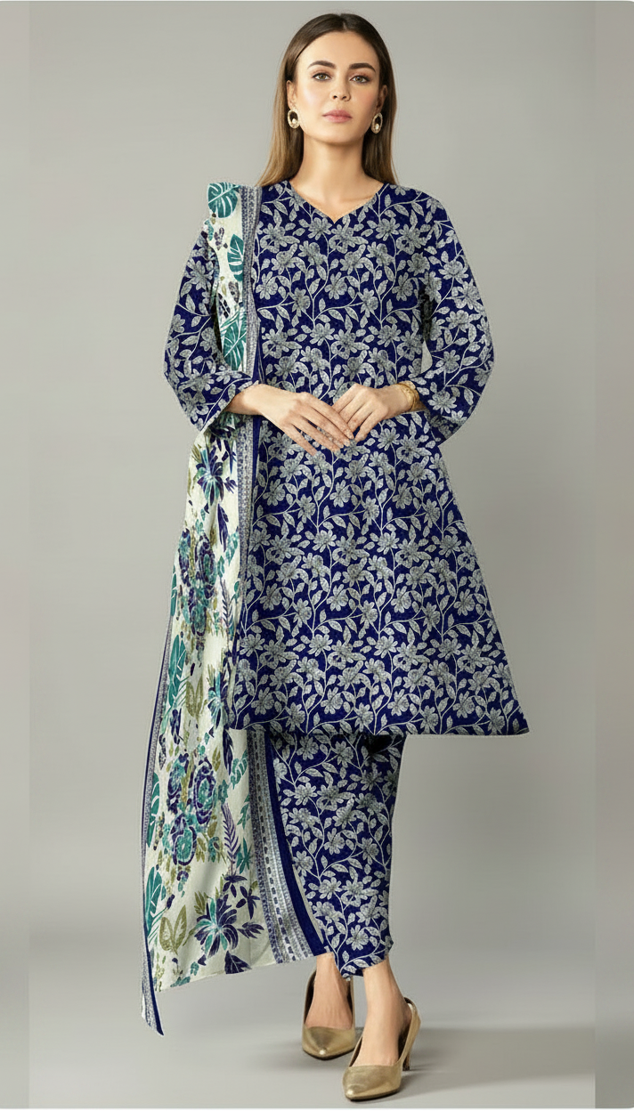 Woman wearing a blue floral outfit with a matching dupatta in an indoor setting.