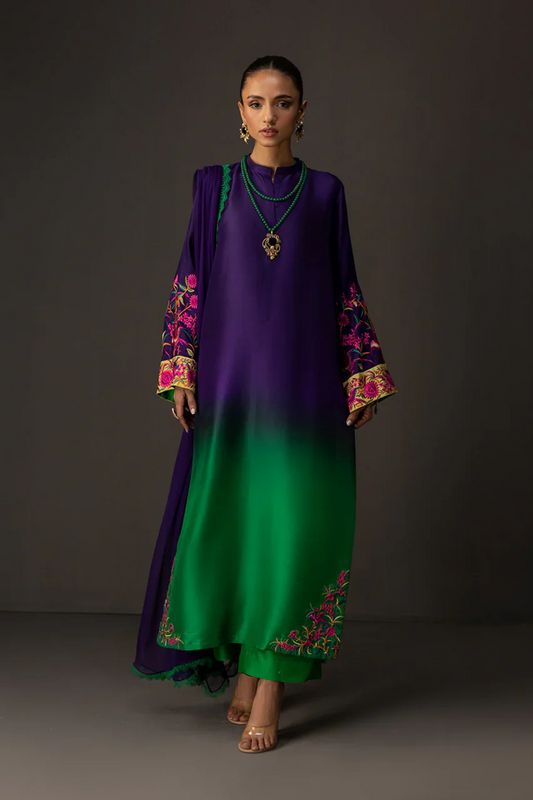 Zainab Chottani Unstiched Silk Purple Green 3 Piece Suit