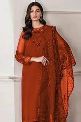 Unstiched Embriodered Chiffon + Organza 3 Piece Suit Rust Color