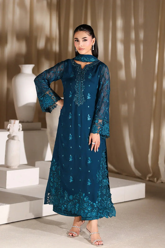 Azure Embroidered Chiffon 3 Piece Suit