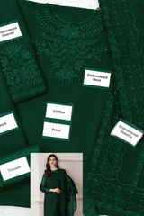 Unstiched Embriodered Chiffon + Organza 3 Piece Suit Bottle Green Color