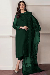 Unstiched Embriodered Chiffon + Organza 3 Piece Suit Bottle Green Color