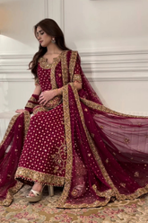 Haris Shakeel Deep Plum Heavily Embellished Lehenga Set