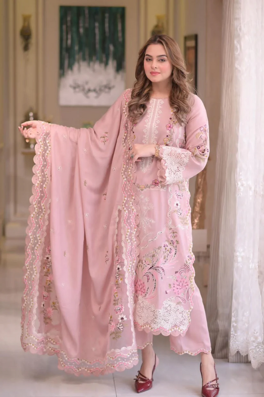 Aneelas Pink Luxury Embroidered 3 Piece Suit