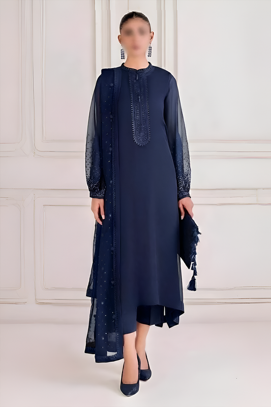 Baroque Navy Blue Embroidered Chiffon 3-Piece Suit