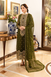 Asim Jofa Olive Green Chiffon 3-Piece Suit