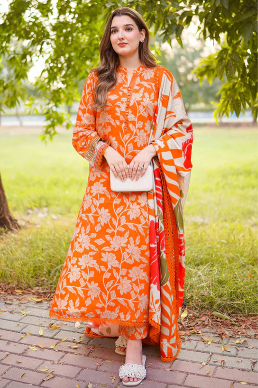 Aneelas Orange Unstitched 3-Piece Suit Luxury & Premium Lawn