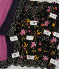 IZK-UE-544B Black Floral Unstitched 3 Piece Luxury Lawn