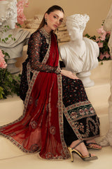 Nureh Red & Black Luxury Embroidered Chiffon 3 Piece Suit
