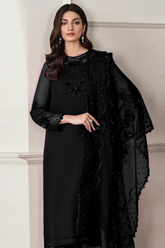 Unstiched Embriodered Chiffon + Organza 3 Piece Suit Black Color