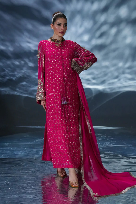 Amave Shocking Pink Embroidered Chiffon 3-piece suit