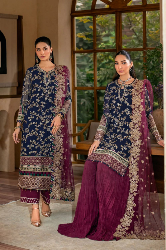 Xenia Purple & Blue Unstitched Bridal Wear 3-piece suit