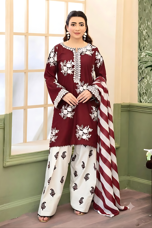 Zara Shahjahan Maroon Lawn 3-Piece Suit