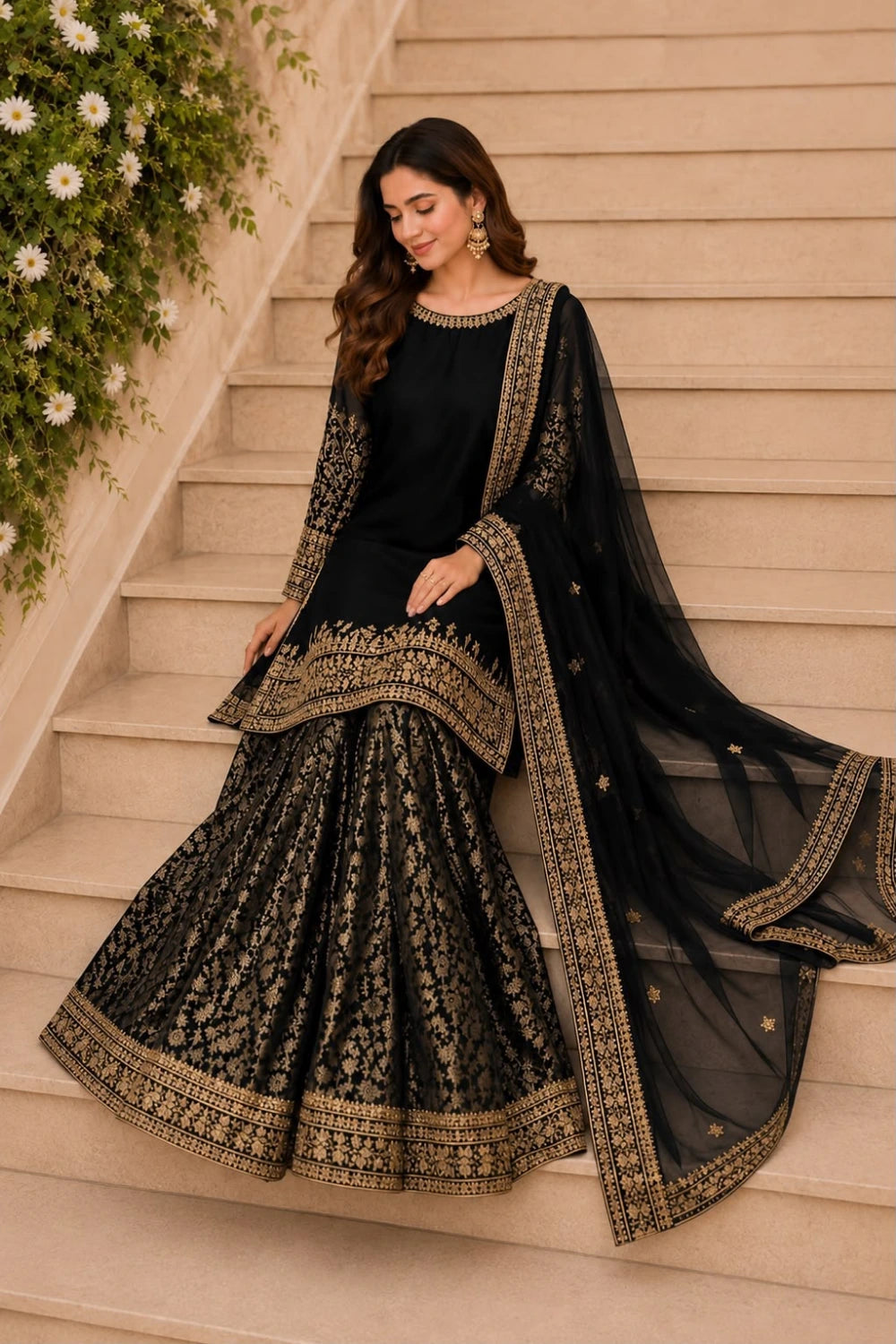 Satrangi Luxury Black Chiffon Unstitched 3 Piece Suit