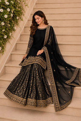 Satrangi Luxury Black Chiffon Unstitched 3 Piece Suit