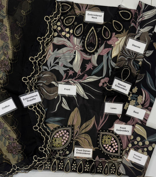 Baroque Black Unstitched Luxury & Premium  Lawn 3 Piece Suit