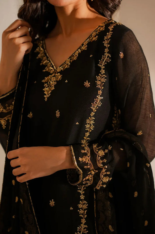 Iznik Black Embroidered Chiffon 3 Piece Suit