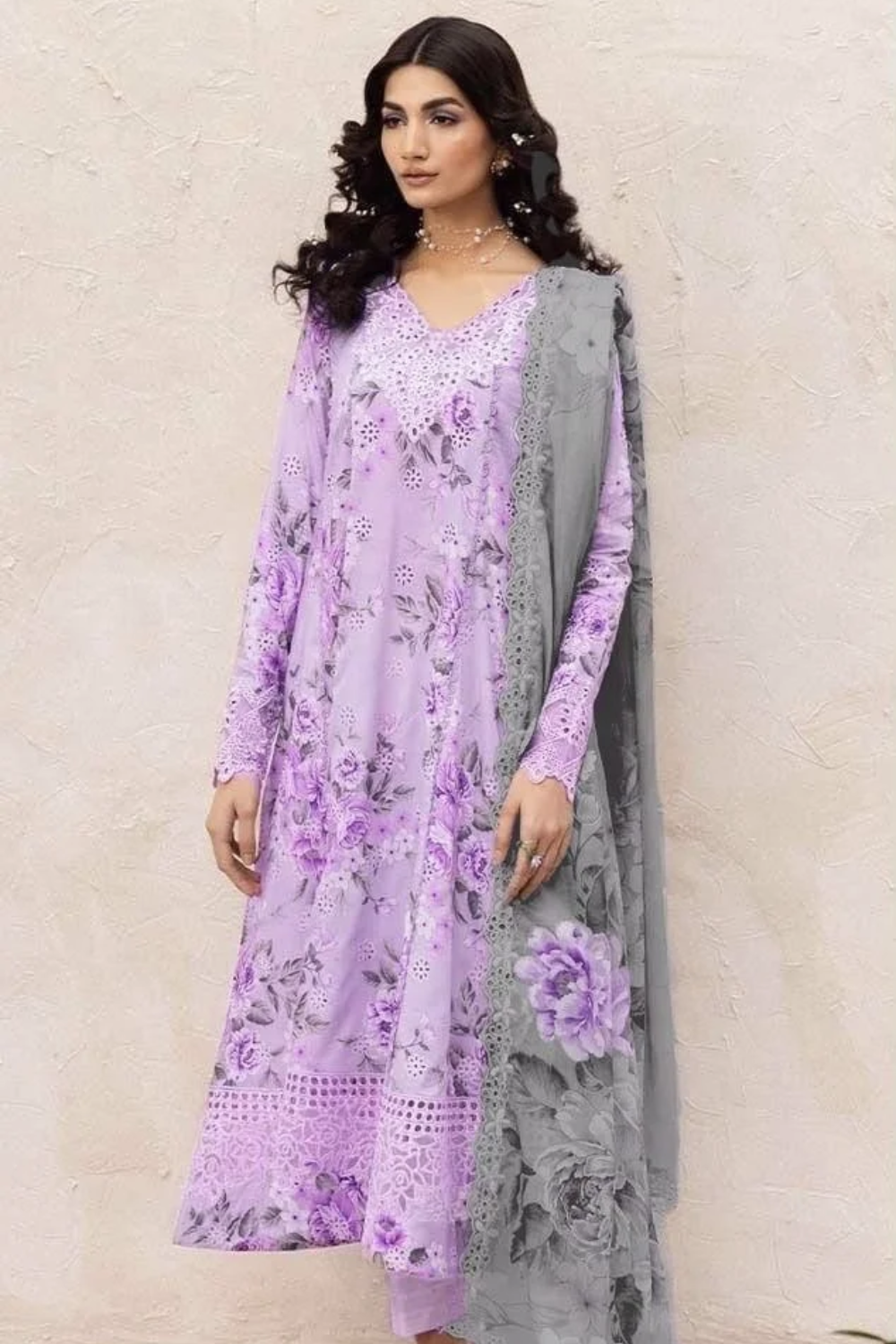 Unstiched Lawn Embroidered Chikankari 3 Piece Suit Orchid Dalfah D9 Lilac