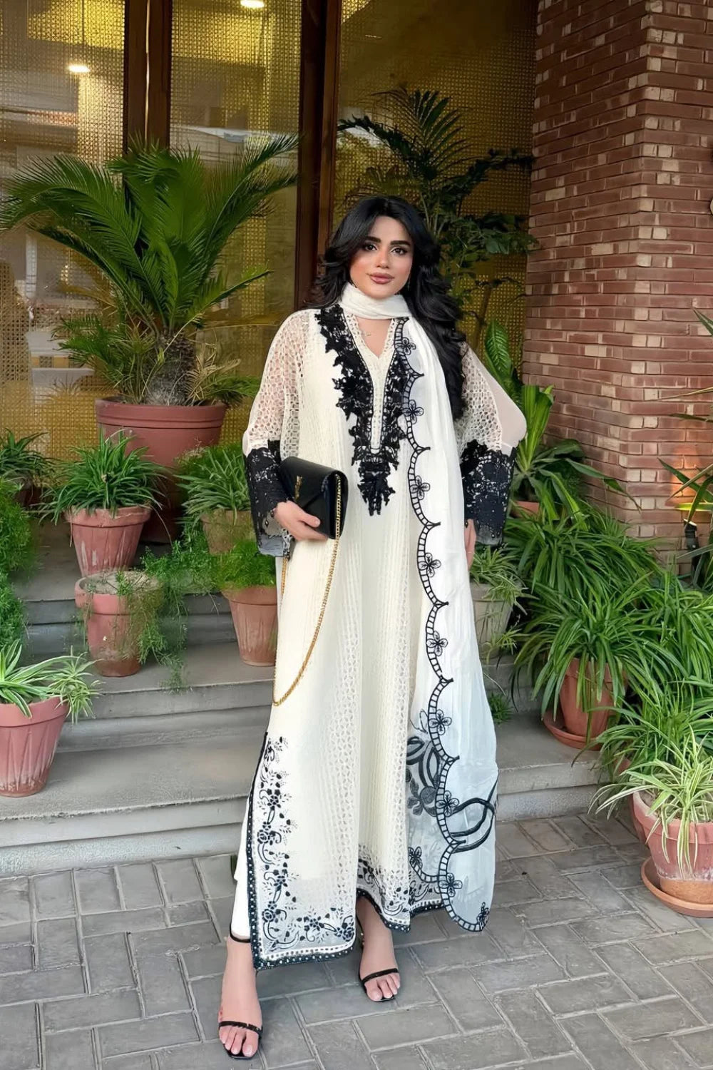 Maria B Off White & Black Chiffon 3 Piece Suit