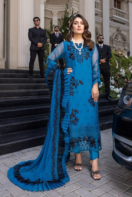 Azure Deep Blue Chiffon Embroidered 3 Piece Suit