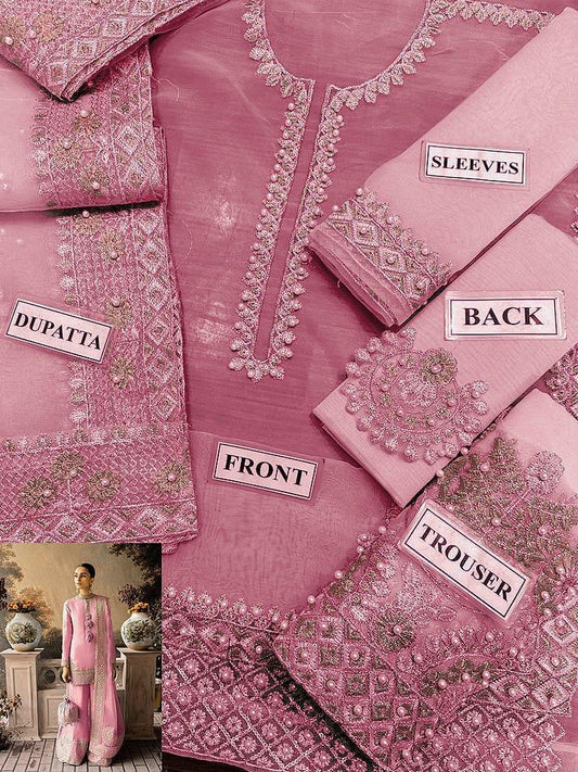 Hussain Rehar Unstitched Pink 3 Piece Organza Suit