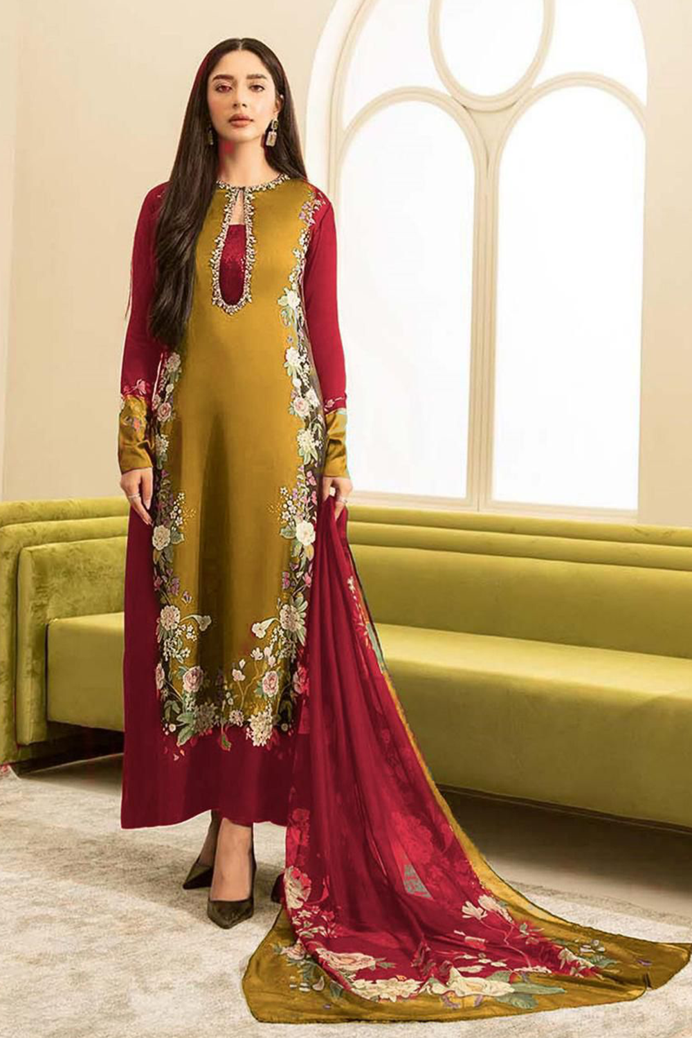 3 Piece Unstitched Silk Mustard + Maroon