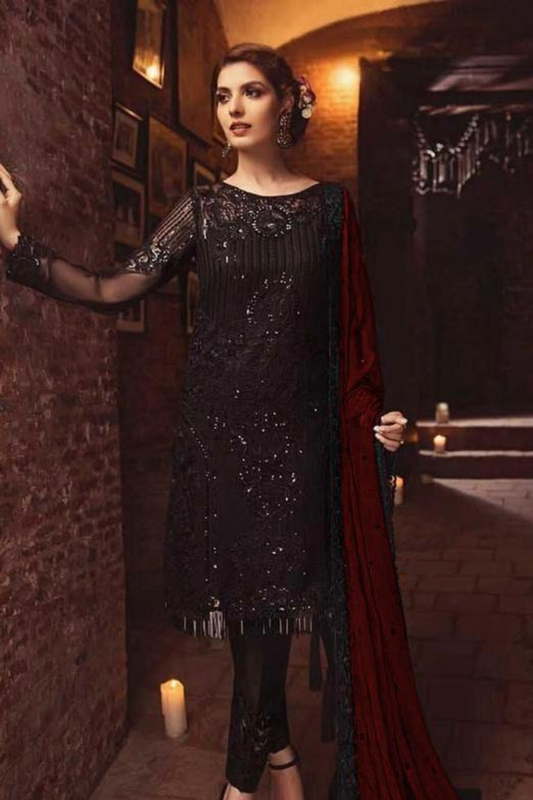 Maria B Premium  Black Maroon Unstitched Formal 3 Piece Suit