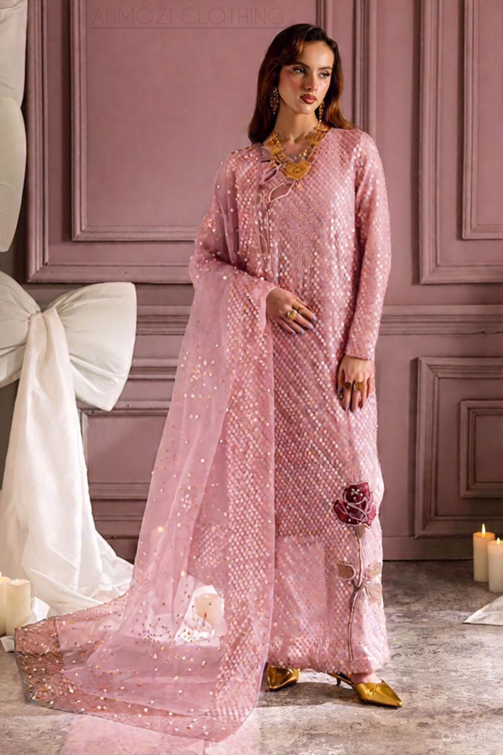 Nureh Midnight Pink Unstitched 3 Piece Suit