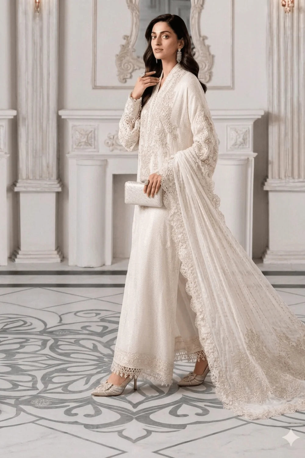 Maria B Off White Embroidered Bamber Chiffon 3 Piece Suit