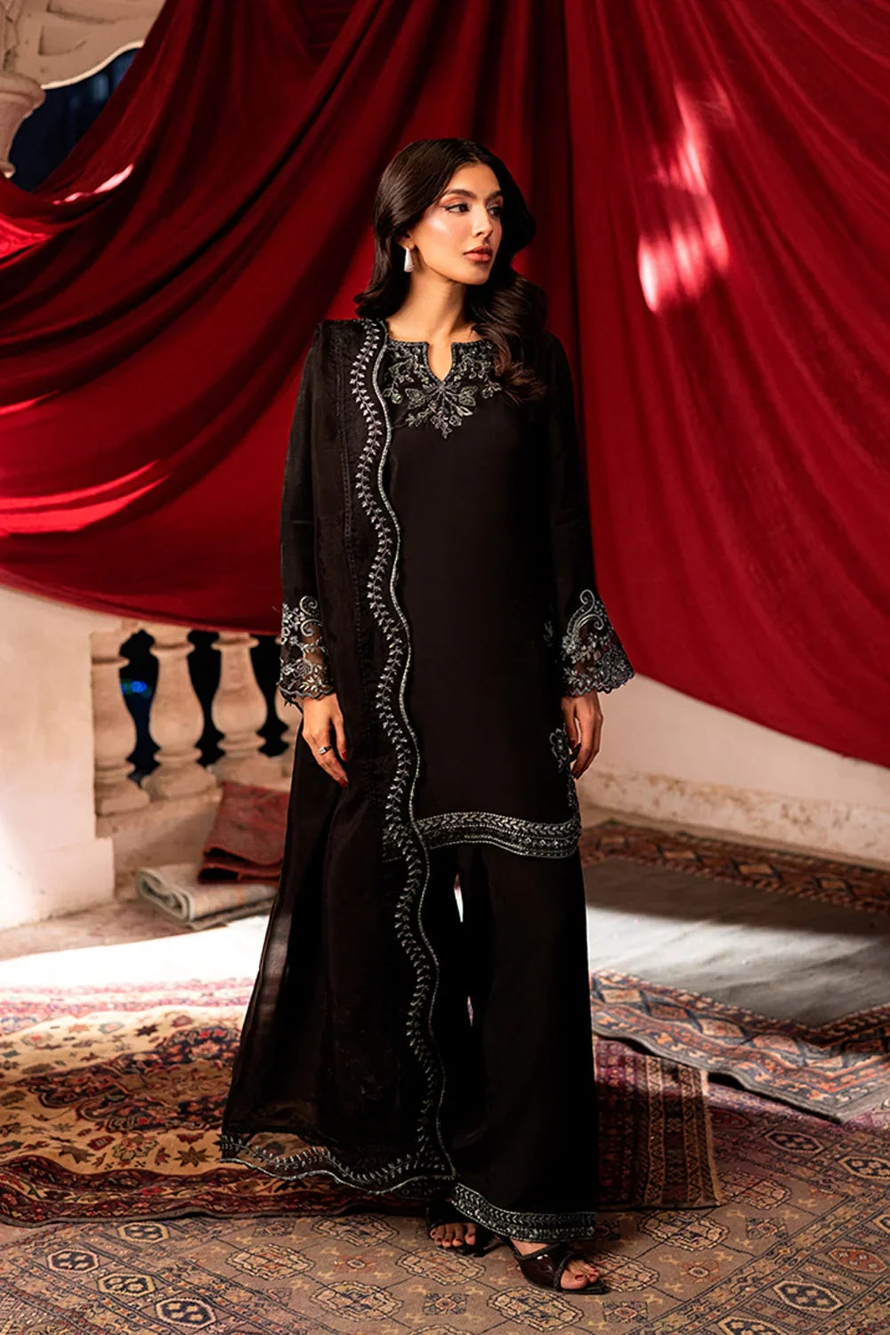 Azure Chiffon Embroidered  3 Piece Suit