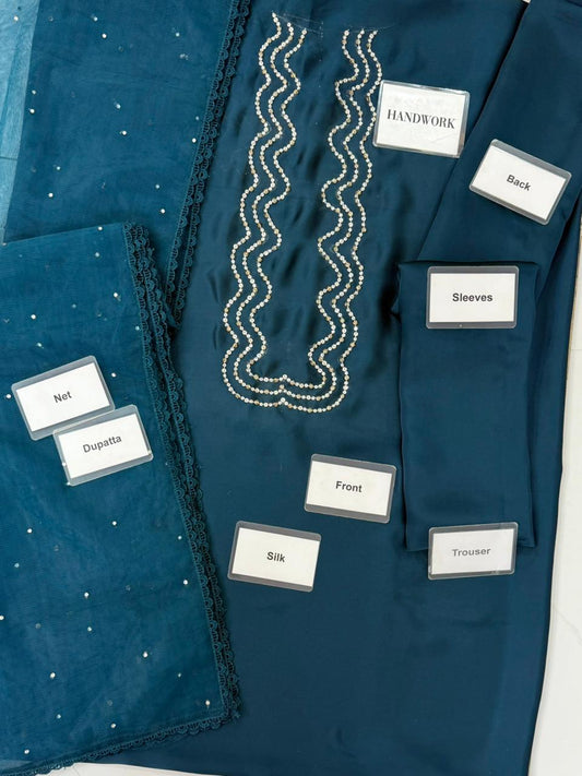 Lulusar Teal sammal long Shamoz Silk Hand Embellished 3 Piece Dress