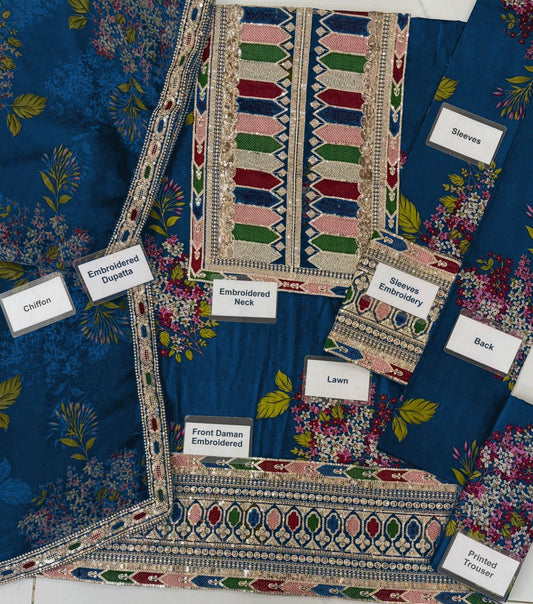 Sabya Sachi Teal Blue Unstitched 3 Piece Luxury Lawn