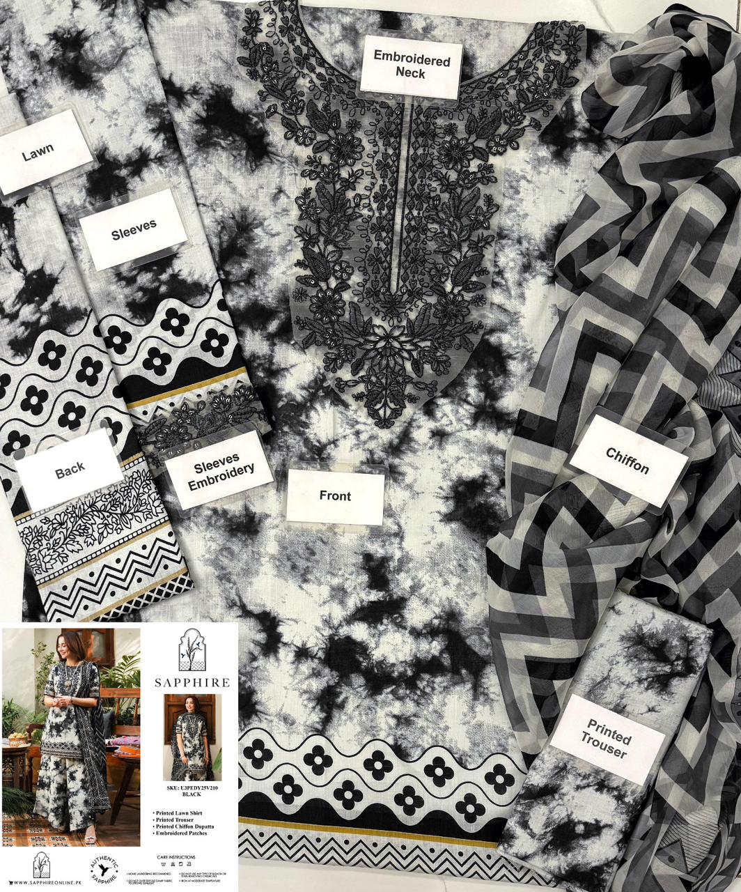 Unstitched 3 Piece Lawn Embroidered SP-Black