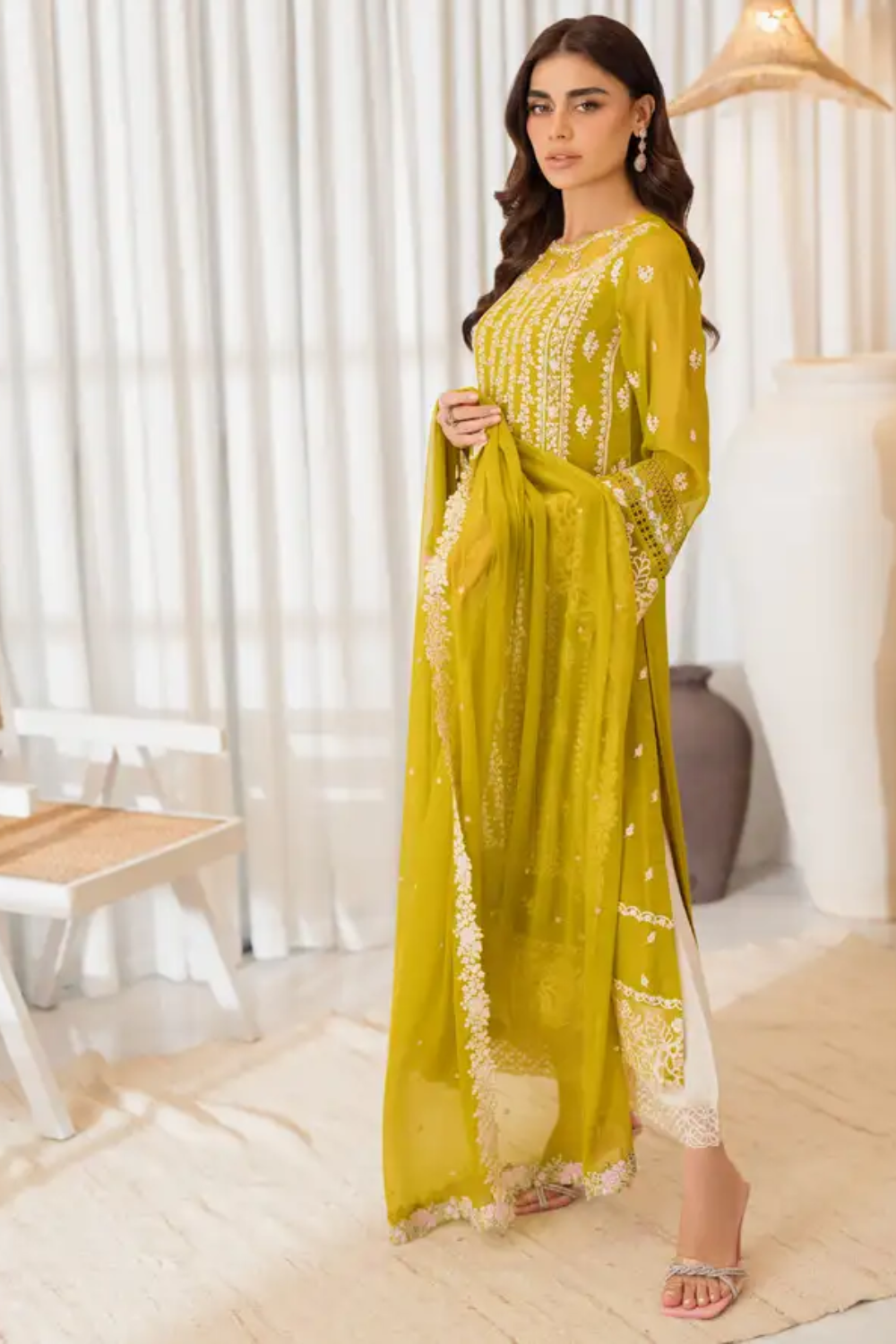 Unstitched Chiffon Embroidered 3 Piece Suit Amber Glow