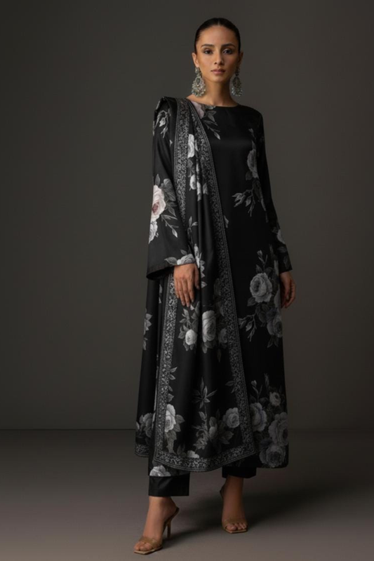 Faha Black Digital Printed Shamoz Silk 3 piece Suit