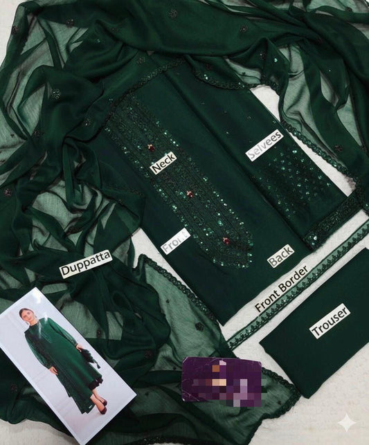 Baroque Dark Green Embroidered Chiffon 3-Piece Suit