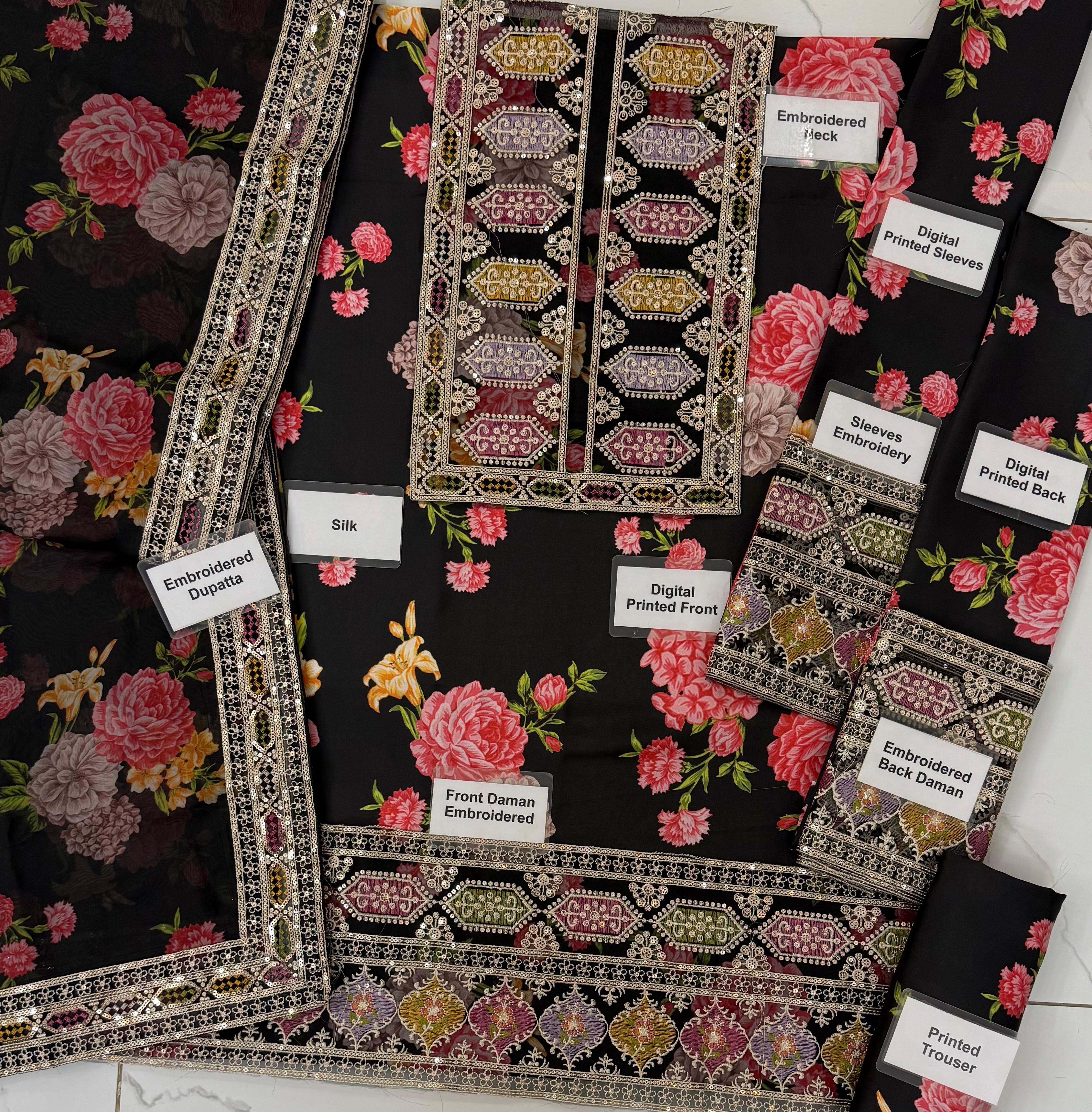 3 Piece Unstitched Silk Aneela,s Black