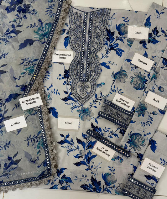 Aneelas Blue Grey Unstitched 3 Piece Suit Luxury Lawn
