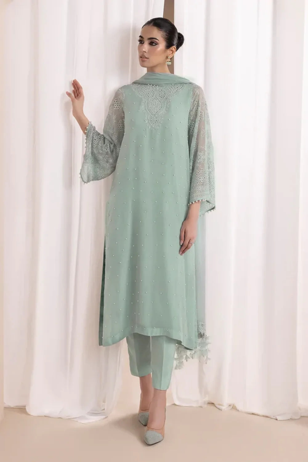 Baroque Mint Embroidered Chiffon 3-Piece Suit