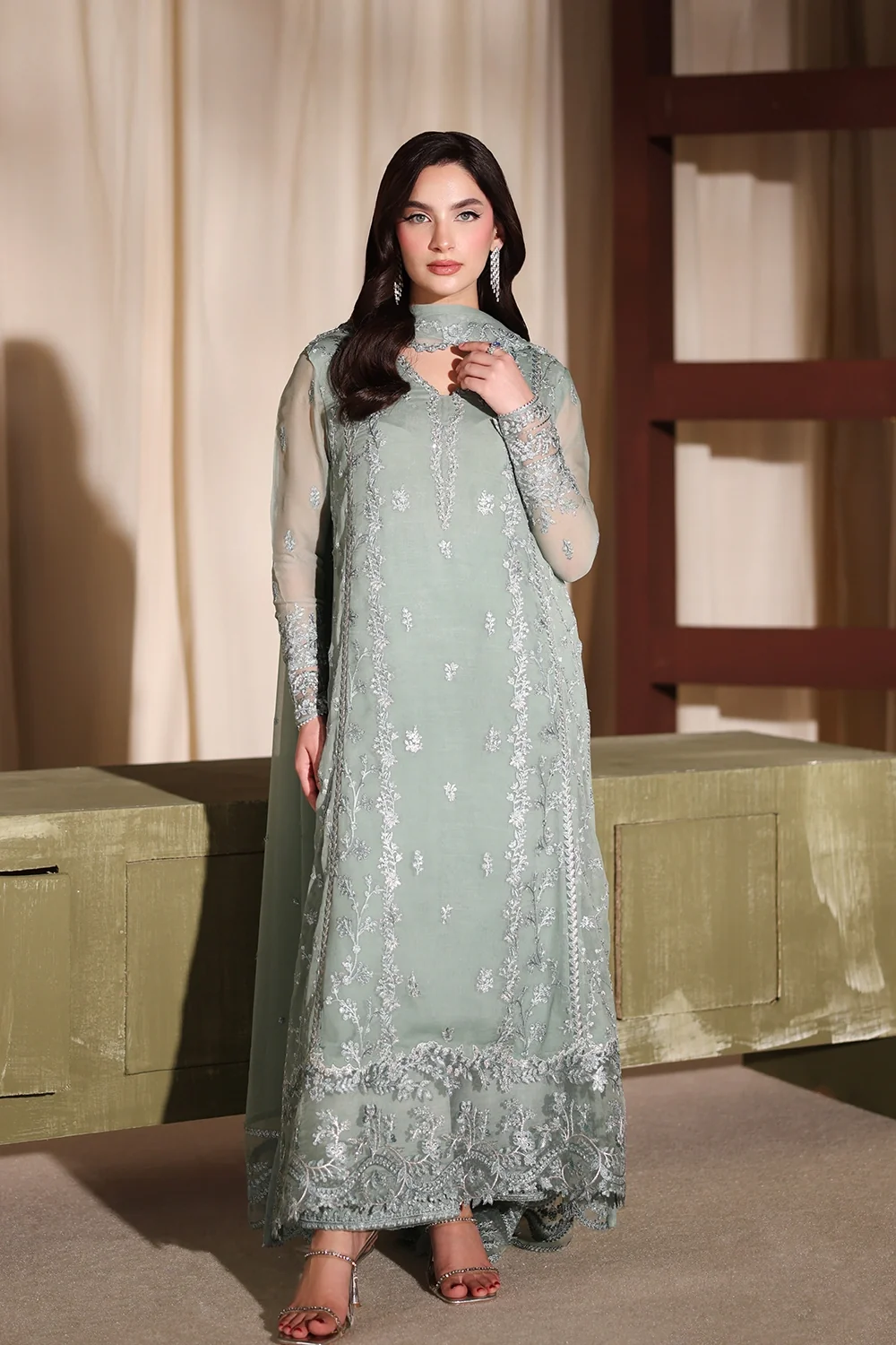 Azure Sage Chiffon Embroidered 3 Piece Suit