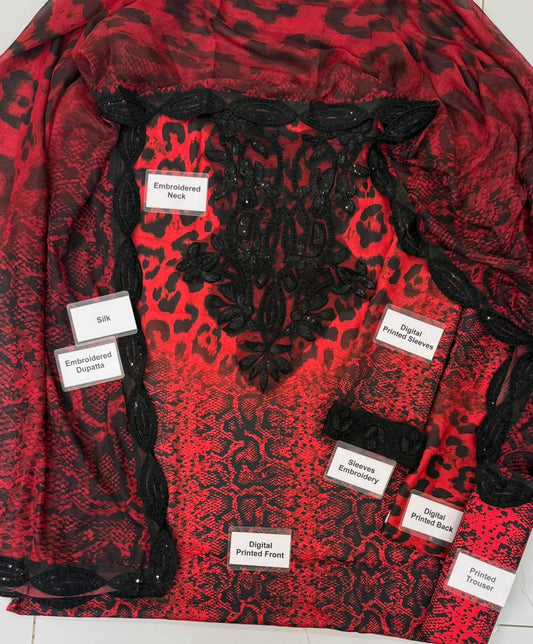 Maria B Red Chillie Luxury Silk 3 Piece Suit Unstitched