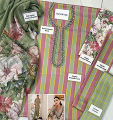 3 Piece Unstitched Silk Hanik Striped Print