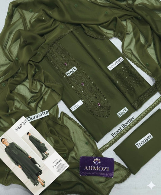 Baroque Olive Green Embroidered Chiffon 3-Piece Suit